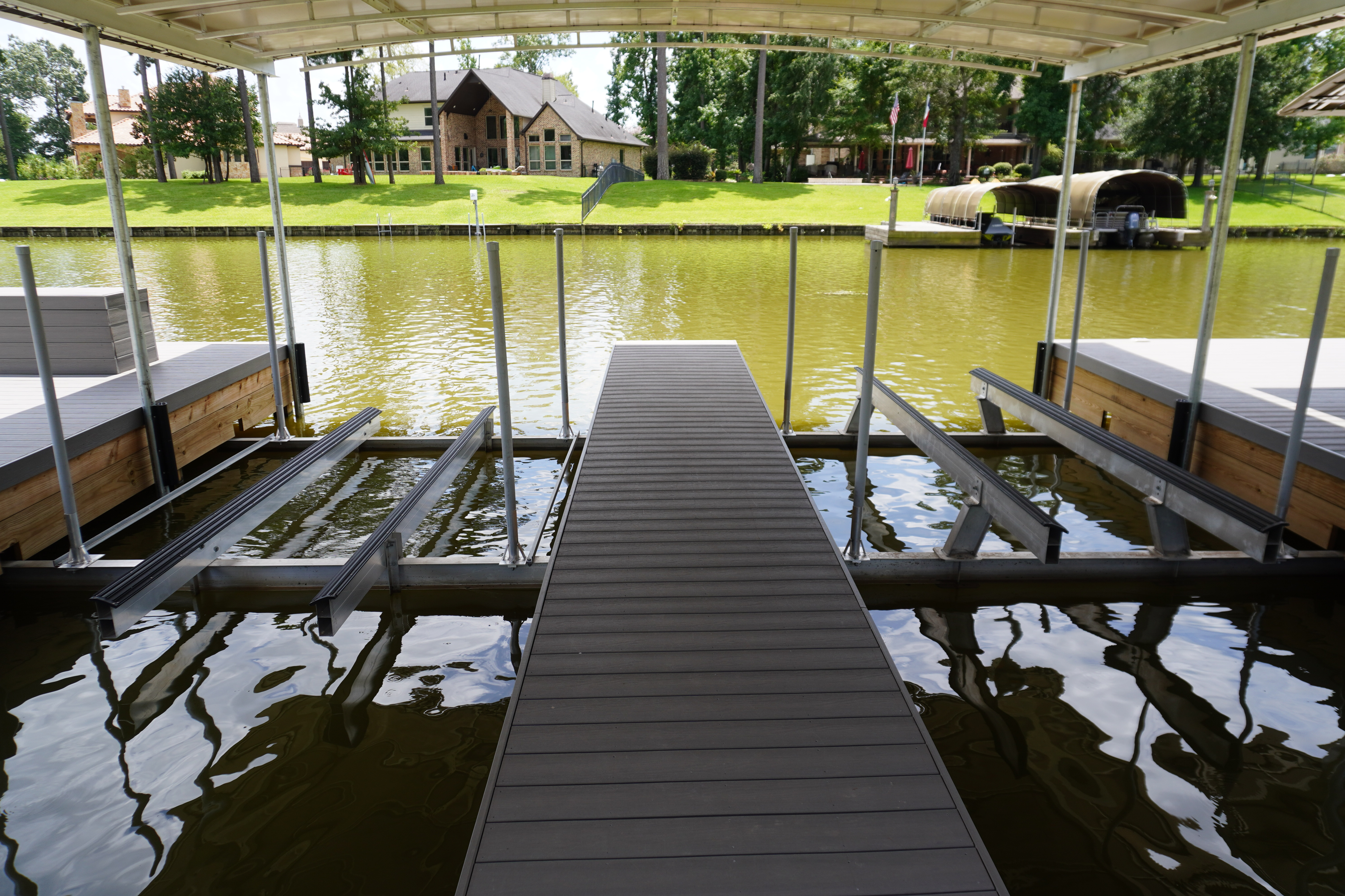 Boat slip interior view with center gangway