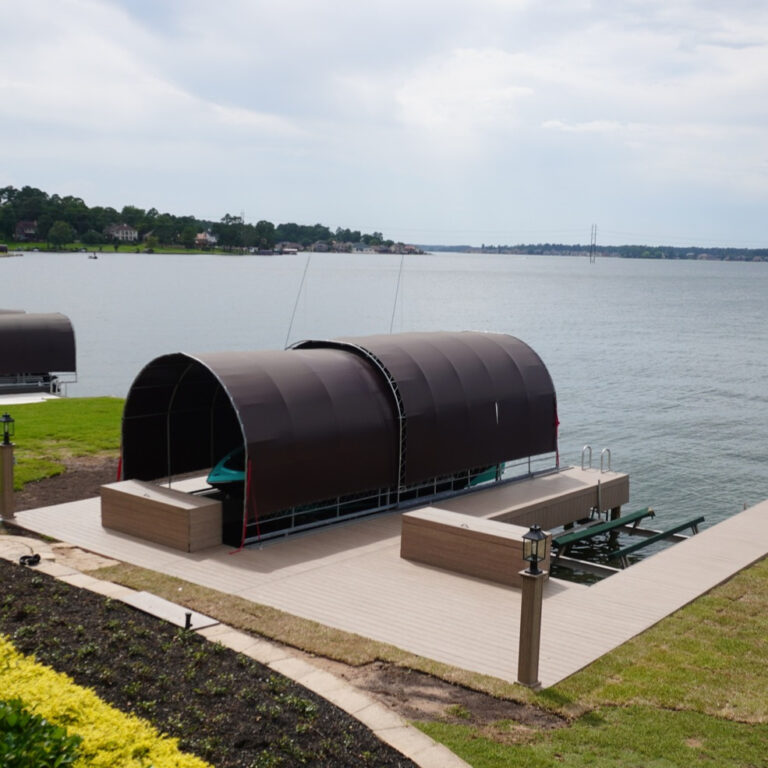 Aerial Double Barrel Arch Boat Covers Composite Deck Lake Conroe