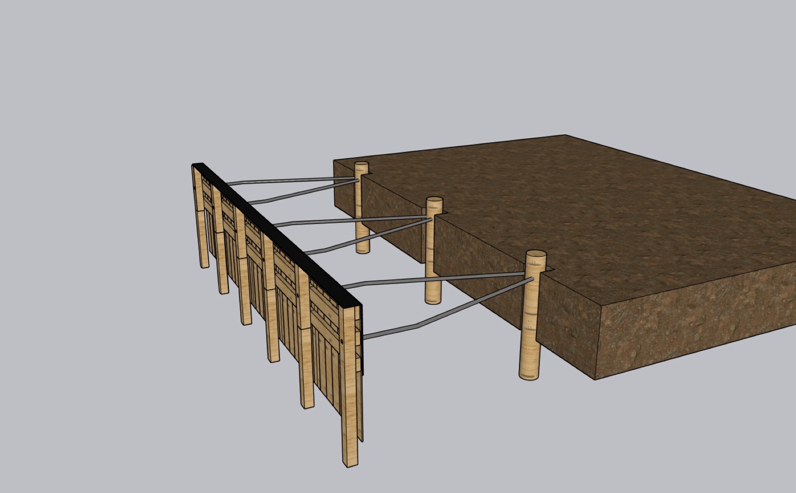 bulkhead construction Lake Conroe — 3D rendering of a wood bulkhead with tie-back cable system and deadman anchor posts