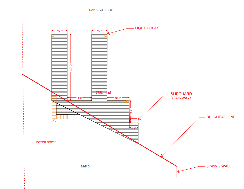 boat dock construction Lake Conroe — G&C custom dock 2D engineering drawing with dimensions and layout