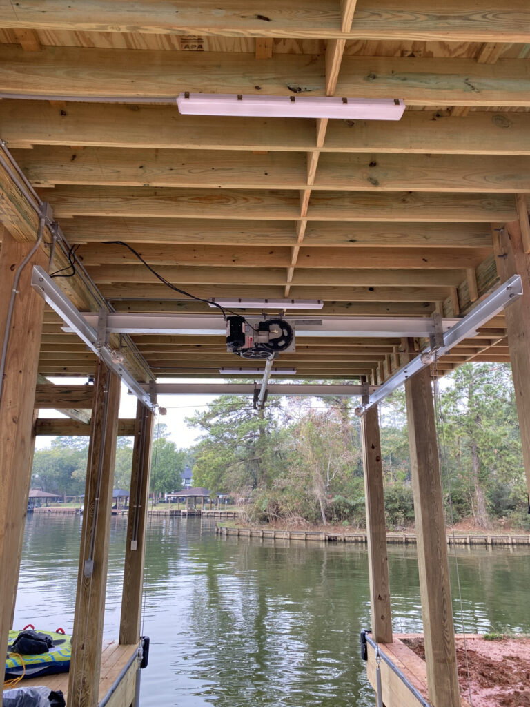 Overhead Cantilever Lift Motor Boathouse Interior