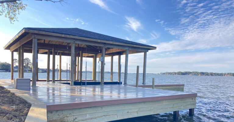 Two Slip Boathouse Shingle Hip Roof Composite Deck Lake Conroe