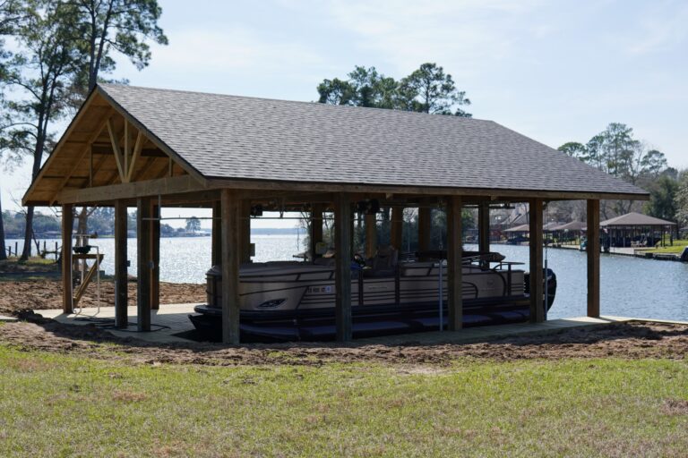 Wood Post Boathouse Shingle Roof Residential